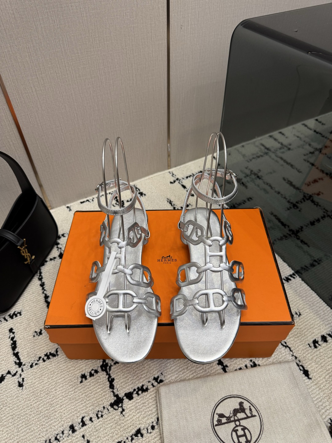 Hermes Silver Multi Strap Flat Sandals