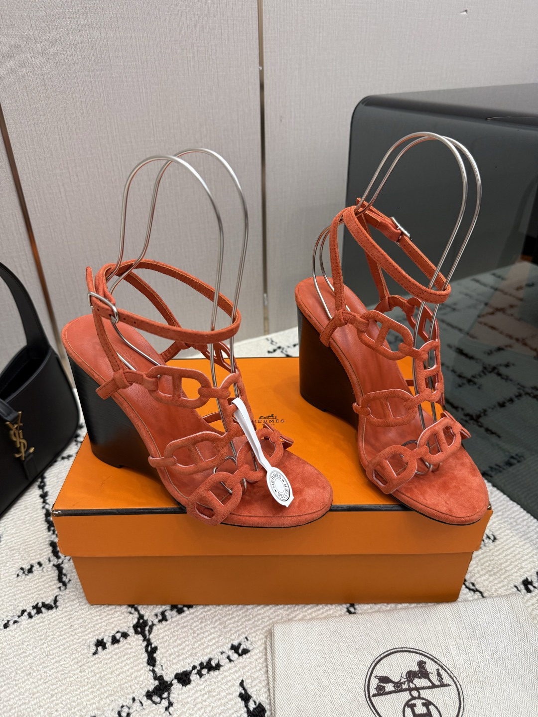 Hermes Orange Multi Strap Heeled Sandals