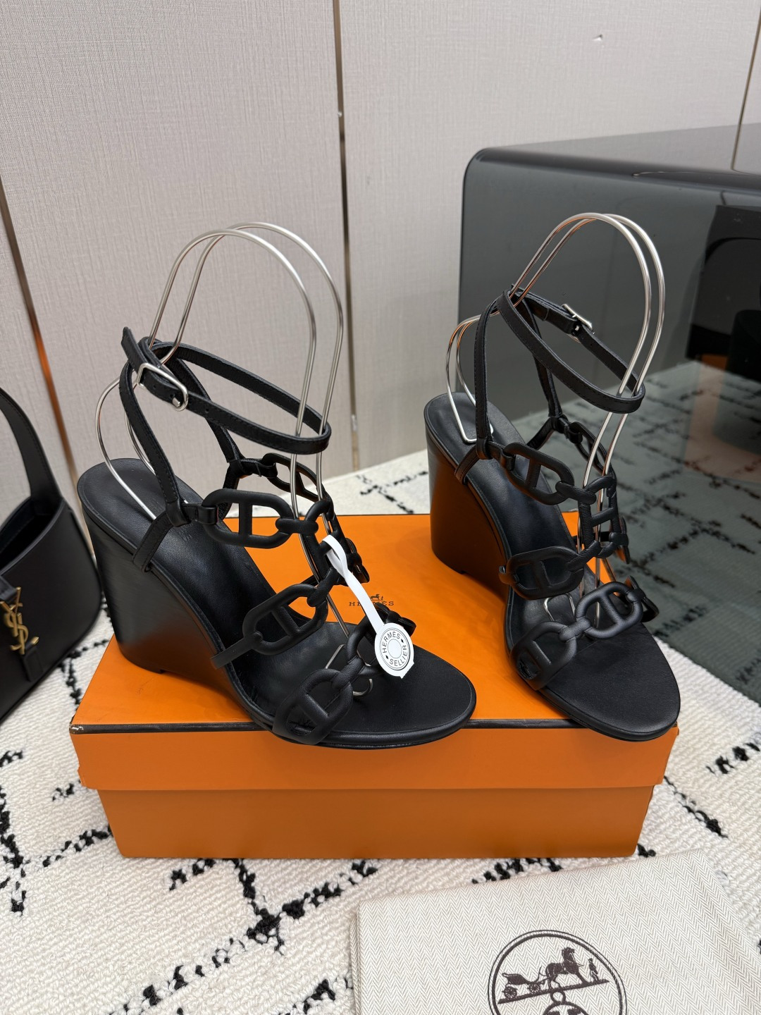 Hermes Black Multi Strap Heeled Sandals