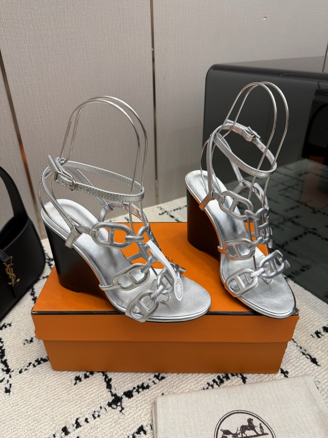 Hermes Silver Multi Strap Heeled Sandals