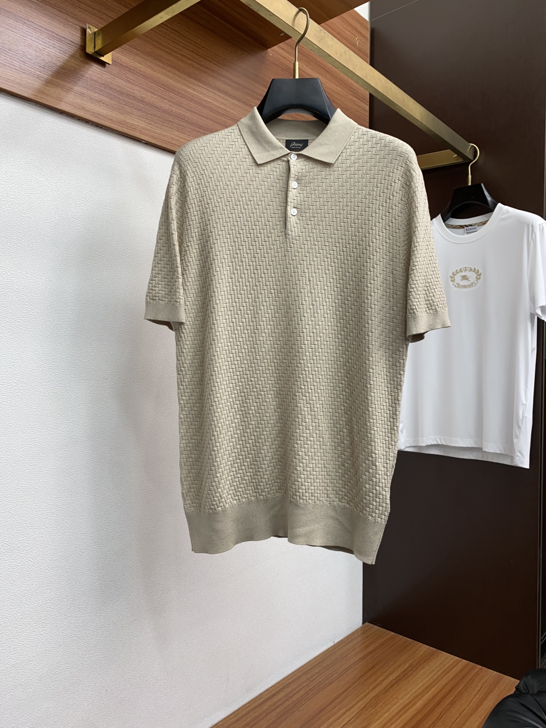 “Men’s Knitted Polo Shirt with Unique Cross-Twirled Design and Crucifixed Neckline in Khaki and Blue”