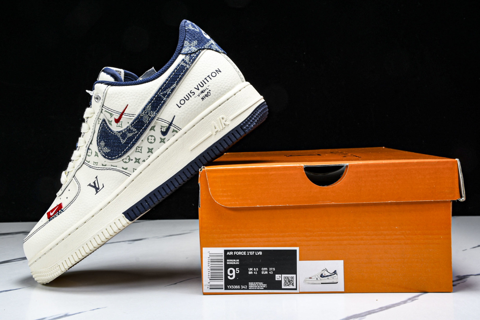NK Air Force 1'07 Low LV联名 双拼蓝牛仔勾 空军一号低帮休闲板鞋 YX5066-