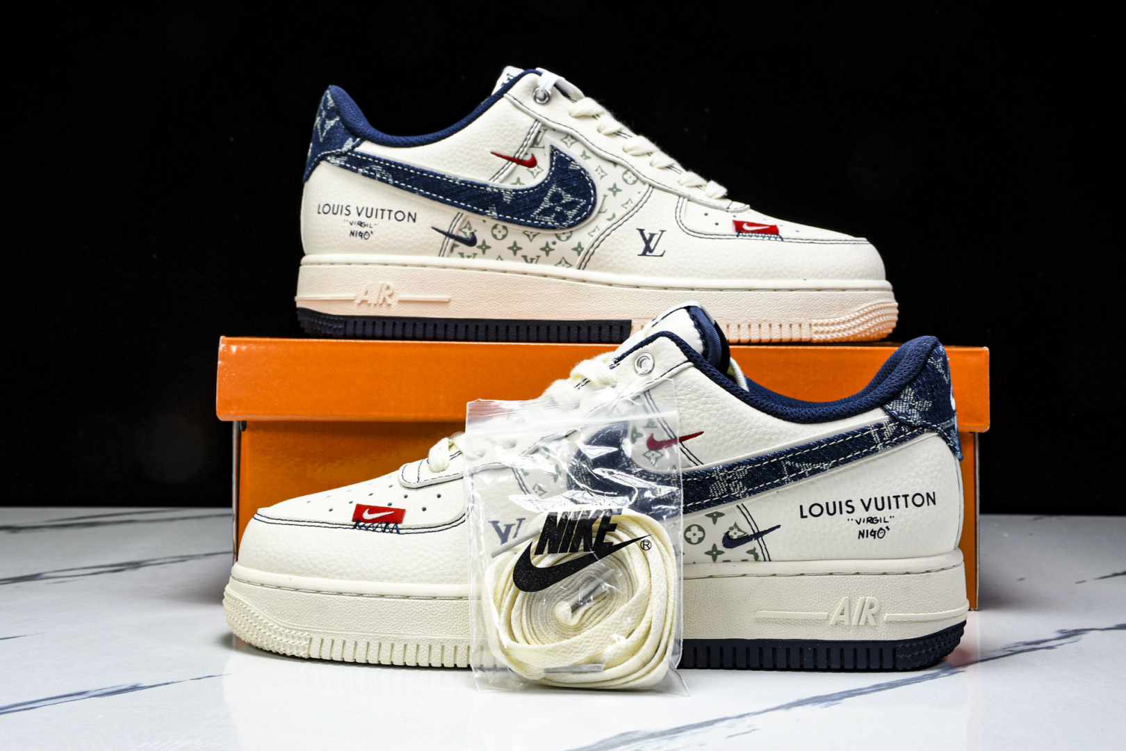 NK Air Force 1'07 Low LV联名 双拼蓝牛仔勾 空军一号低帮休闲板鞋 YX5066-