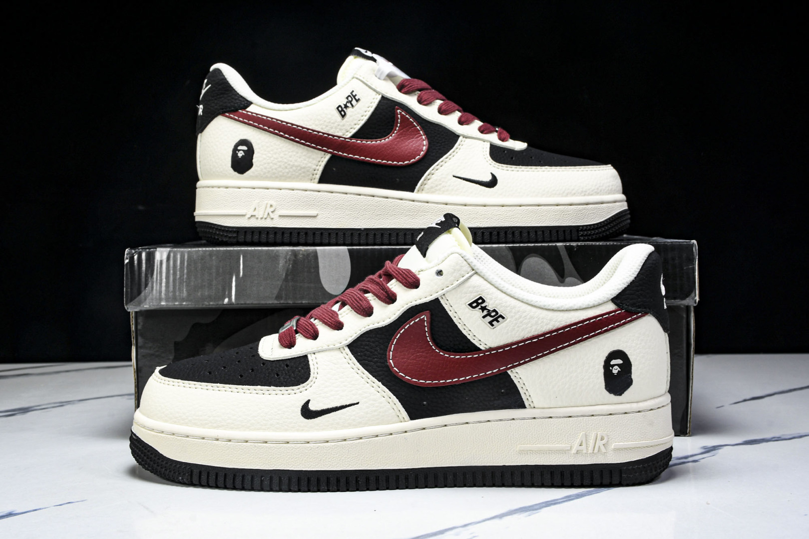 NK Air Force 1'07 Low Bape联名 米黑拼接酒红 空军一号低帮休闲板鞋 QW583
