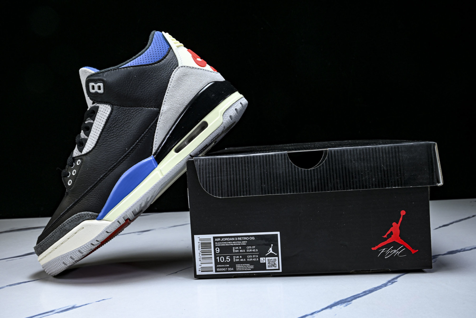 AJ3 尺码:40-48.5纯原出品-Air Jordan 3 AJ3镜像钩子 黑灰红 IB8967-0