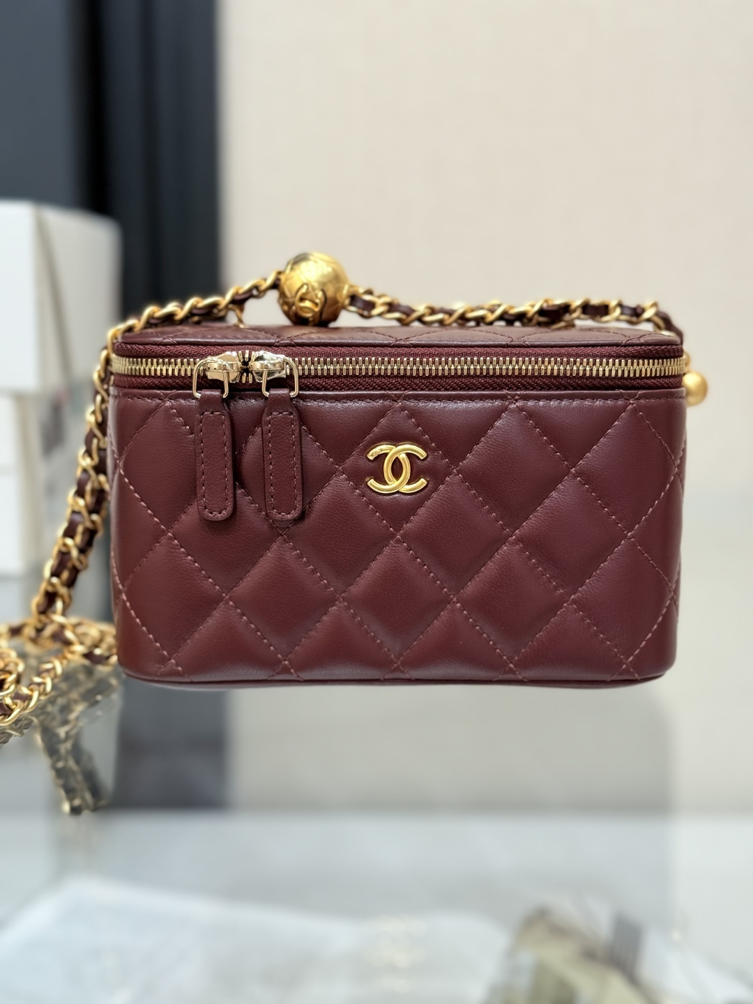 Chanel 22C Burgundy Quilted Leather Vanity Bag with Chain Strap
