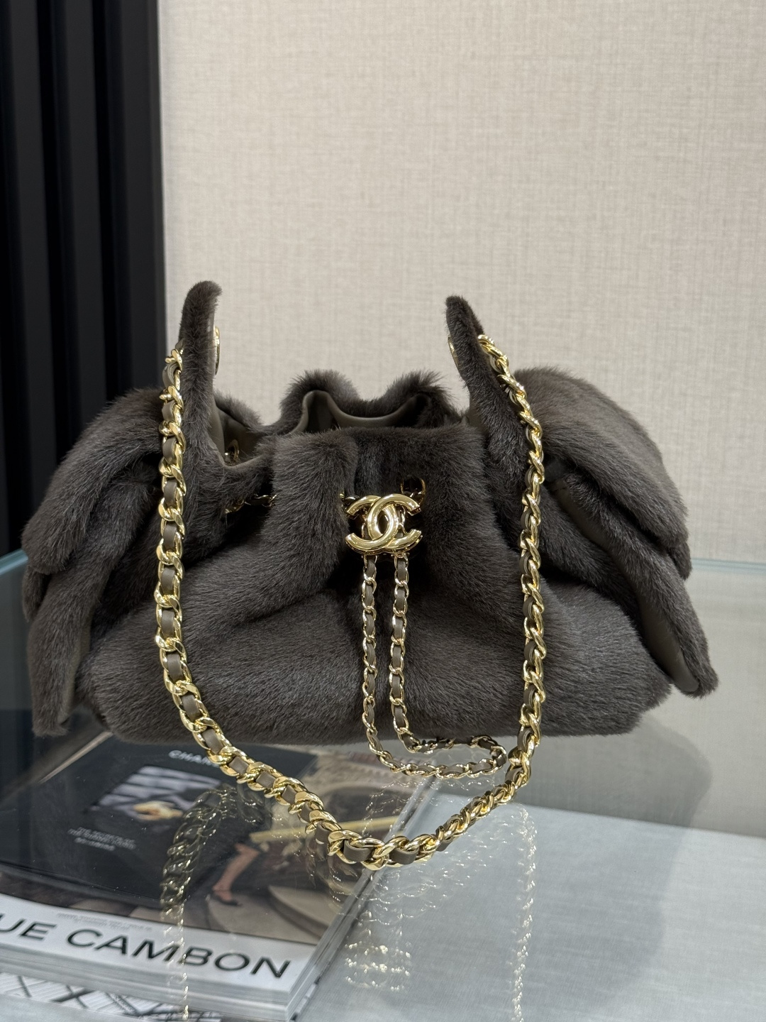 Chanel Gray Fur Drawstring Chain Bag