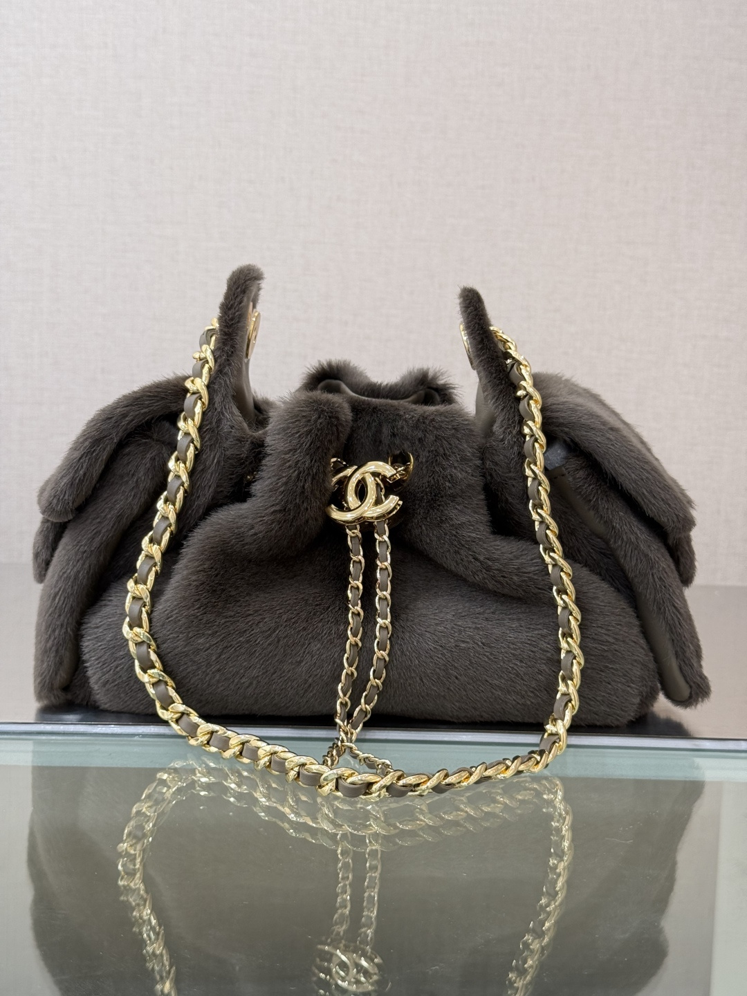 Chanel Gray Fur Drawstring Chain Bag