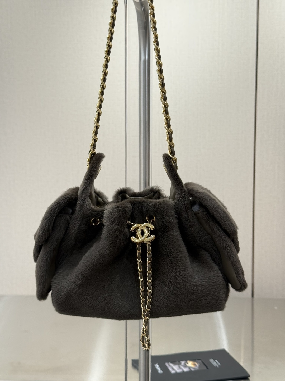 Chanel Gray Fur Drawstring Chain Bag