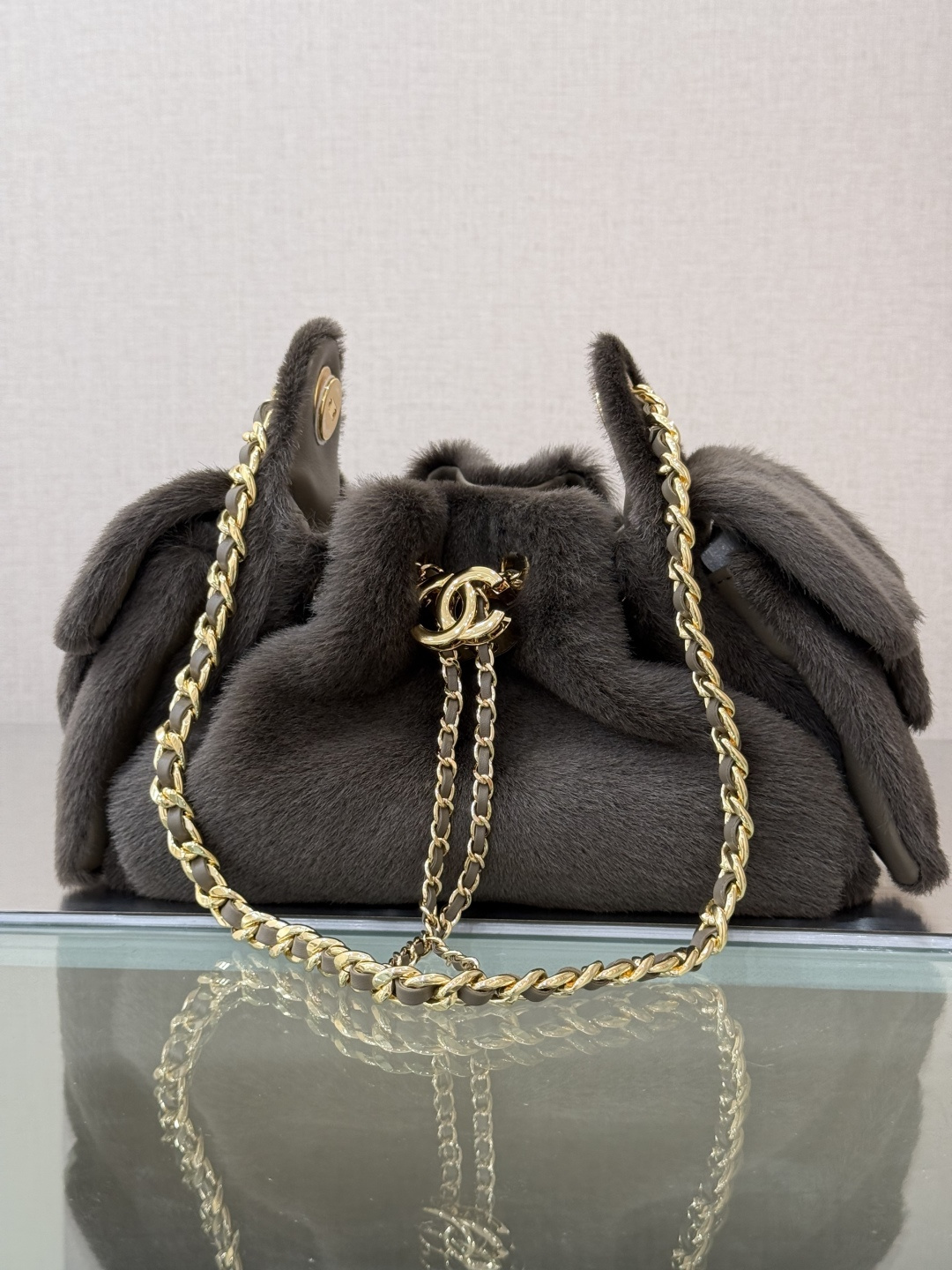 Chanel Gray Fur Drawstring Chain Bag