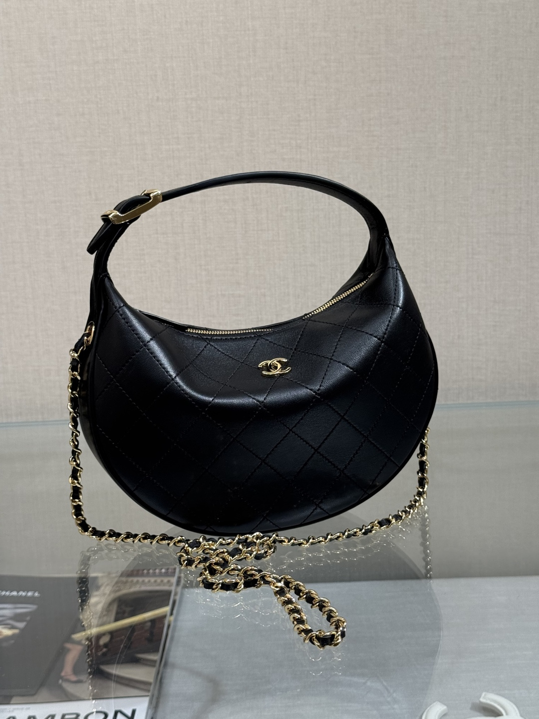 Chanel Black Quilted Crescent Hobo Bag