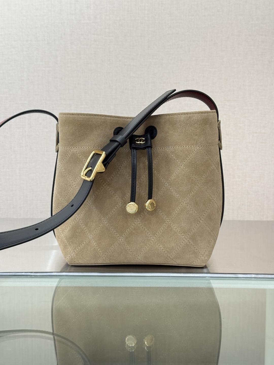 Chanel Beige Quilted Suede Bucket Bag