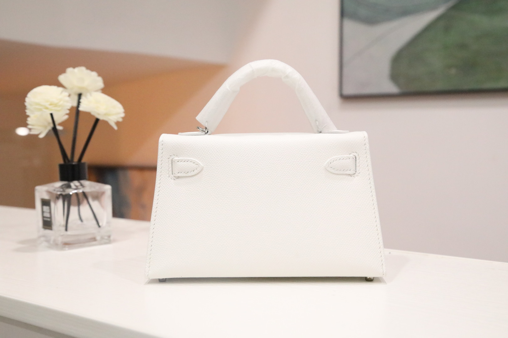 🐎新品
kelly 2代mini手绘款绘奥维那酒庄【纯白色】ep手掌纹银扣，高端定制系列，手绘涂鸦，欧美时尚，手缝蜡线，全钢五金，私人订制