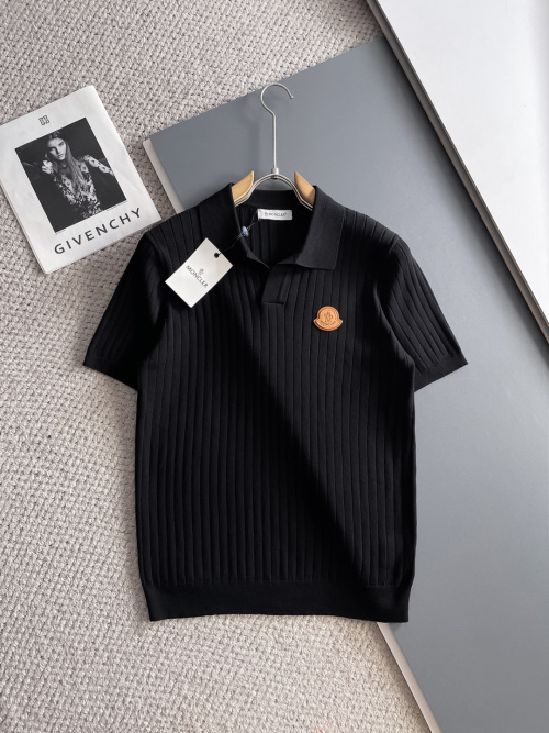 Moncler Men's Black Ribbed Knit Polo Shirt with Logo Patch - Short Sleeve 1 Moncler Men's Black Ribbed Knit Polo Shirt with Logo Patch - Short Sleeve