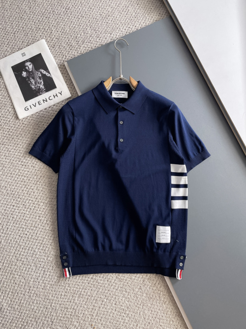 Thom Browne Knitted Polo Shirt with Four-Bar Stripe Detail - Navy 1 Thom Browne Knitted Polo Shirt with Four-Bar Stripe Detail - Navy