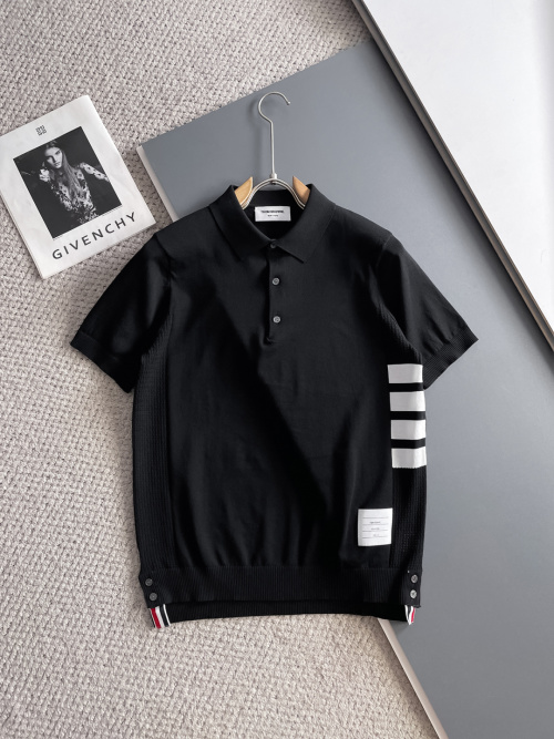 Elegant Thom Browne Black Short Sleeve Polo Shirt with Signature Stripes 1 Elegant Thom Browne Black Short Sleeve Polo Shirt with Signature Stripes