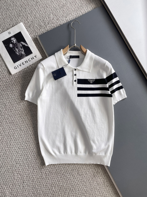 Prada Men's White Knit Polo Shirt with Stripe Accent and Embroidered Logo 1 Prada Men's White Knit Polo Shirt with Stripe Accent and Embroidered Logo