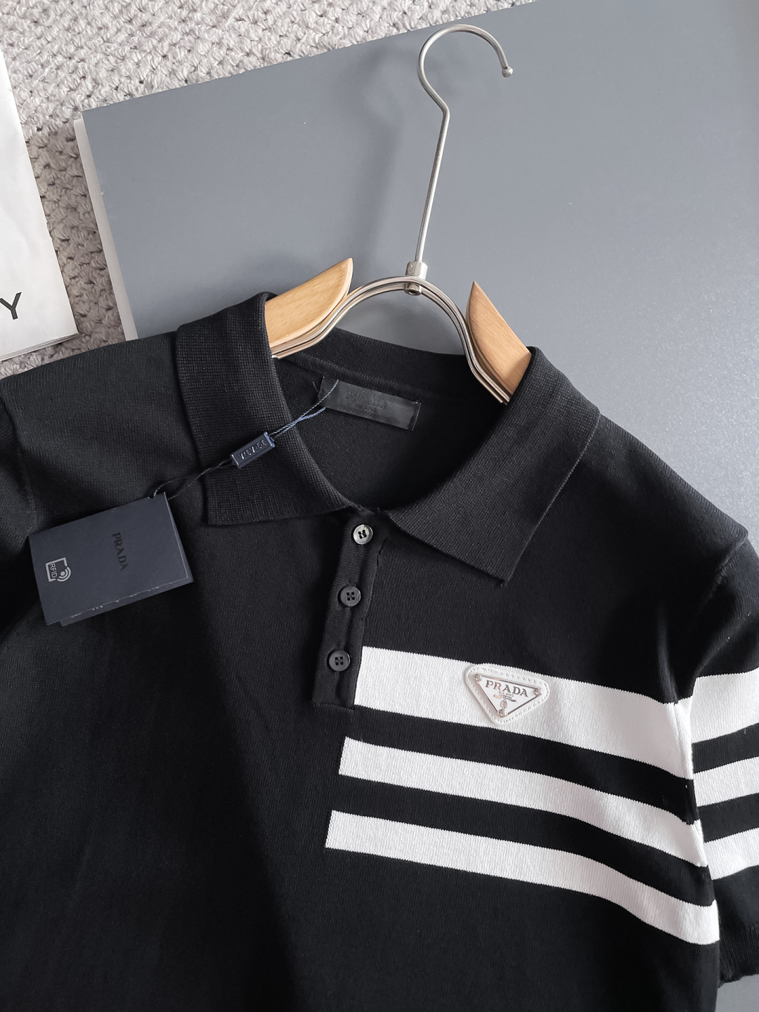 Prada Men's Black Polo Shirt With White Striped Accents - Spring 2025 3 cmp i1748623089824 1154 0 1