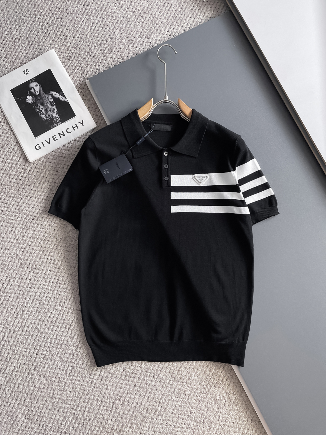 Prada Men's Black Polo Shirt With White Striped Accents - Spring 2025 2 cmp i1748623091662 5661 0 0