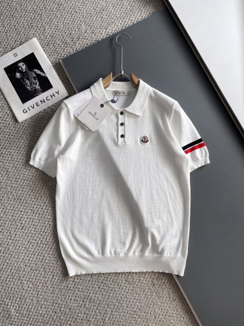 Moncler Men's Polo Shirt - Short Sleeve, Embroidered Logo, Striped Trim Detail