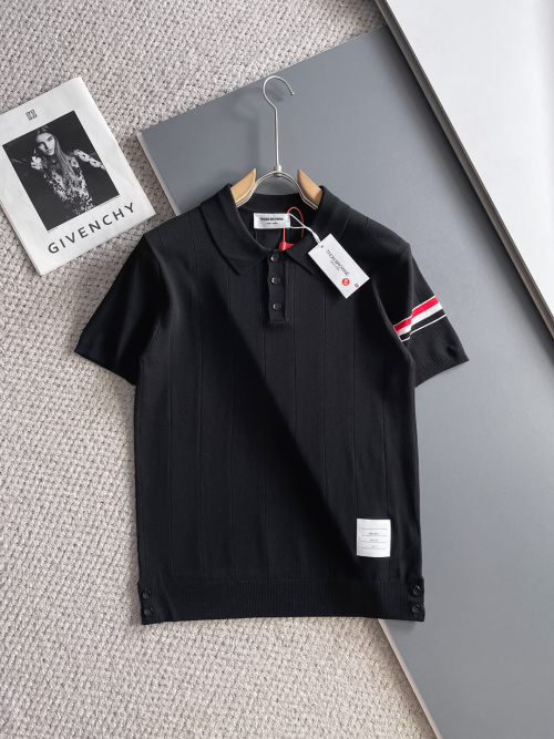 Thom Browne Black Knitted Polo Shirt With Signature Stripe Detail 1 Thom Browne Black Knitted Polo Shirt With Signature Stripe Detail