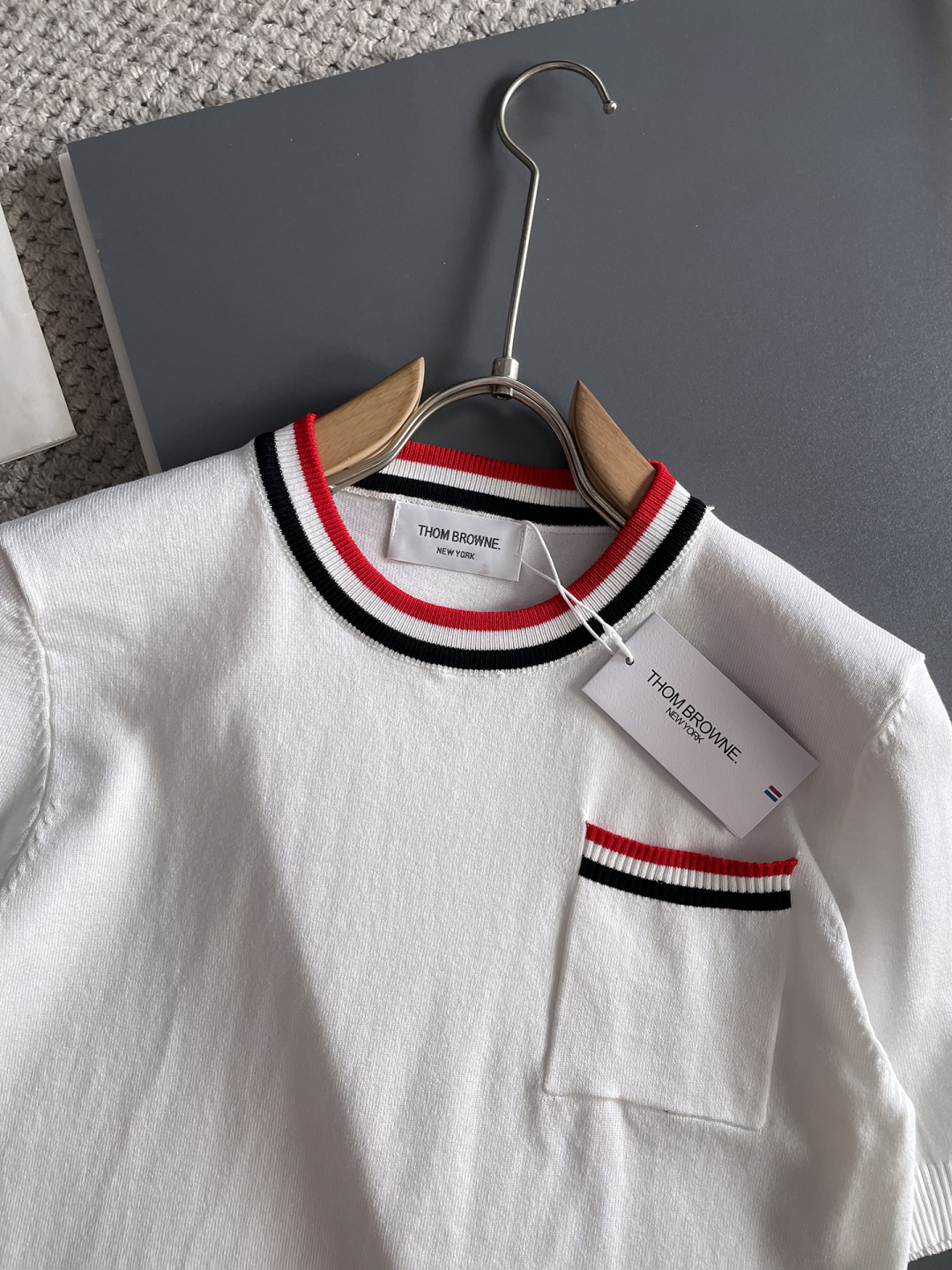 Thom Browne Men's White Short Sleeve Knitted T-Shirt with Striped Trim 3 cmp i1748623330508 519 0 1