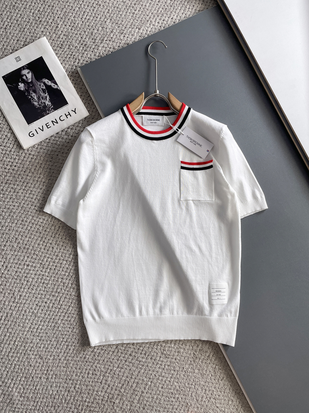 Thom Browne Men's White Short Sleeve Knitted T-Shirt with Striped Trim 2 cmp i1748623335068 6383 0 0