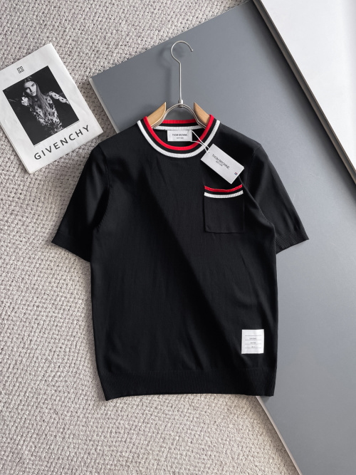 Thom Browne Men's Black Short Sleeve Knit T-Shirt with Striped Trim 1 Thom Browne Men's Black Short Sleeve Knit T-Shirt with Striped Trim