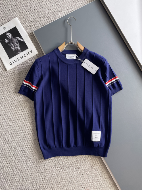 Thom Browne Men's Navy Knit Short Sleeve T-Shirt with Sleeve Stripes 1 Thom Browne Men's Navy Knit Short Sleeve T-Shirt with Sleeve Stripes
