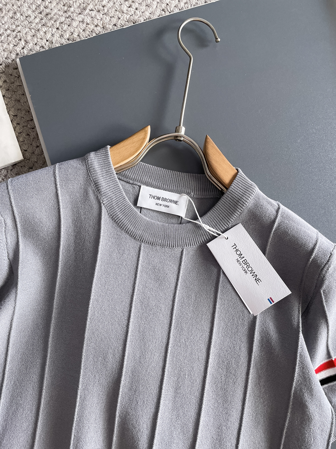 Thom Browne Men's Gray Ribbed Knit Short Sleeve T-Shirt with Arm Stripes 3 cmp i1748623368648 1168 0 1