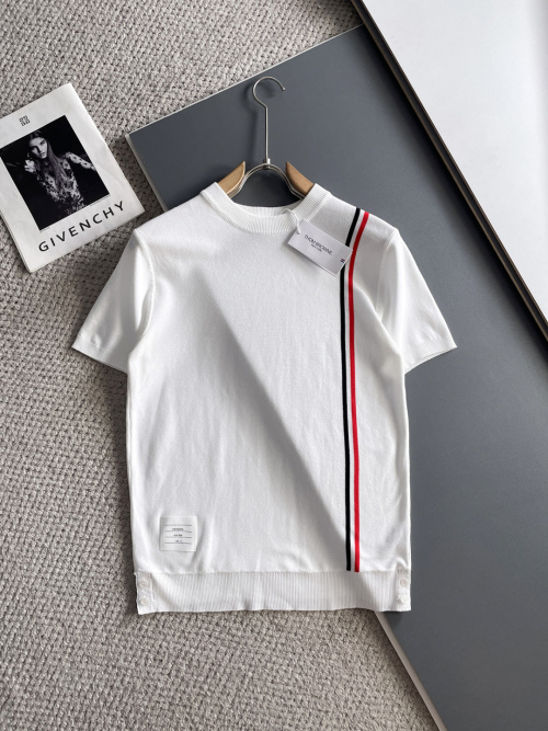 Thom Browne Men's White Short Sleeve Cotton T-Shirt with Stripe Detail 1 Thom Browne Men's White Short Sleeve Cotton T-Shirt with Stripe Detail