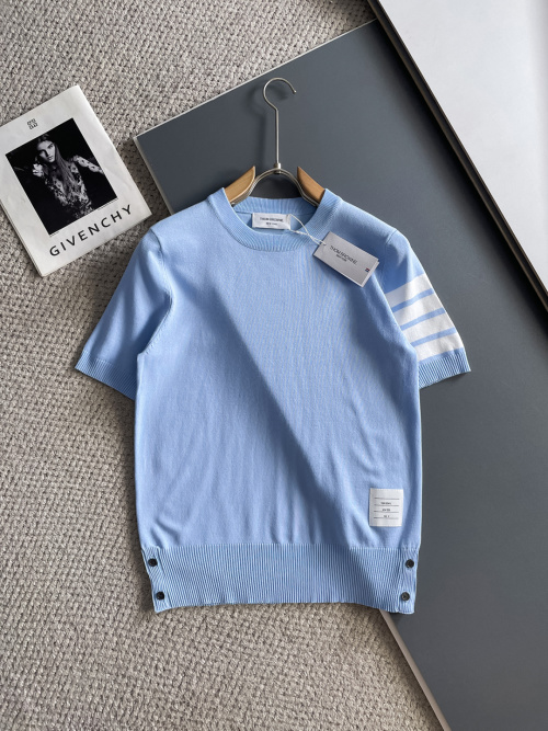 Thom Browne Men's Light Blue Short Sleeve Knit T-Shirt with Stripe Detail 1 Thom Browne Men's Light Blue Short Sleeve Knit T-Shirt with Stripe Detail