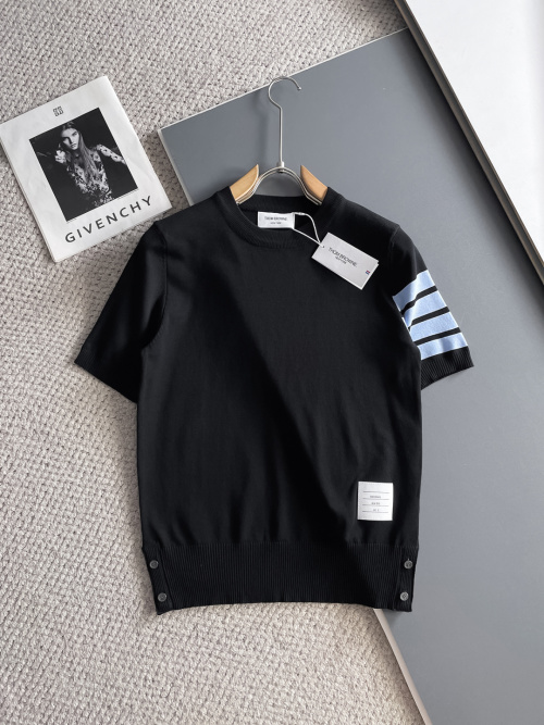 Thom Browne Men's Black Short Sleeve Knit T-Shirt with Blue Arm Stripes 1 Thom Browne Men's Black Short Sleeve Knit T-Shirt with Blue Arm Stripes