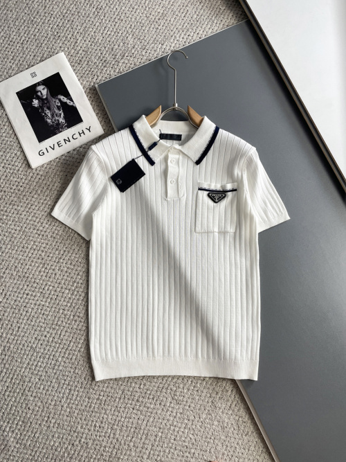 Prada 2025 SS Men's Polo Shirt, Embroidered Logo, Ribbed Knit, White
