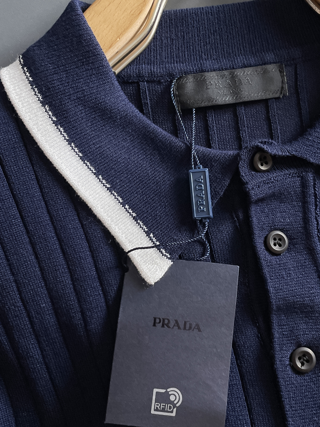 Prada Men's Navy Blue Knit Polo Shirt with White Trim - Contemporary Style 5 cmp i1748623455594 1070 0 3