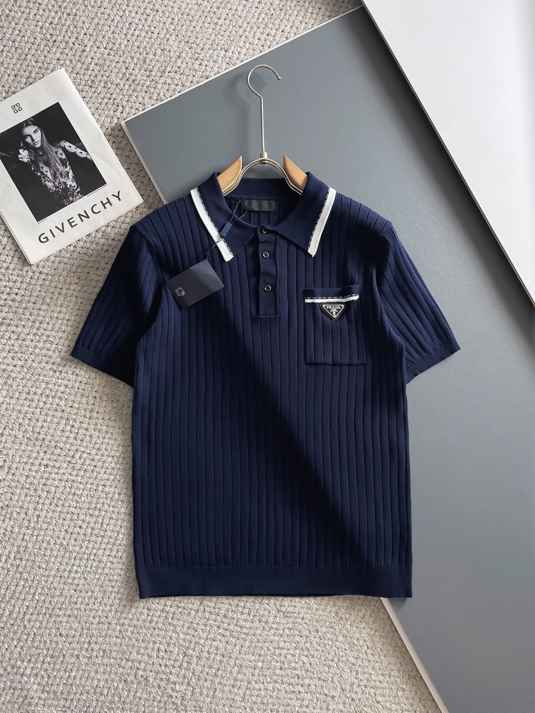 Prada Men's Navy Blue Knit Polo Shirt with White Trim - Contemporary Style 2 cmp i1748623455594 7746 0 0