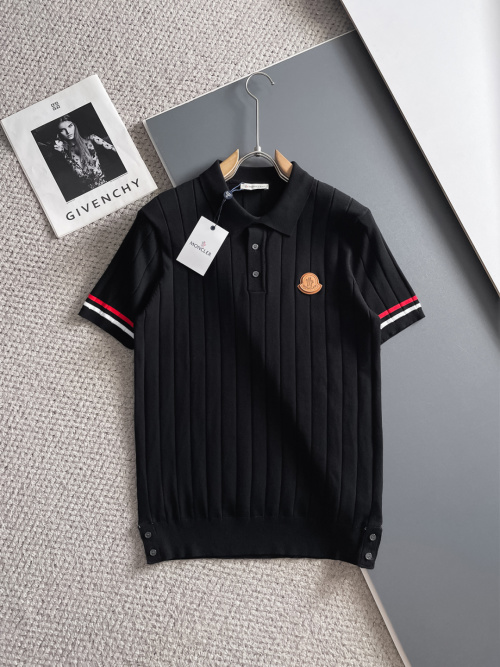 Moncler Men's Black Ribbed Knit Polo Shirt with Striped Short Sleeves 1 Moncler Men's Black Ribbed Knit Polo Shirt with Striped Short Sleeves