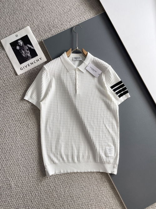 Thom Browne White Waffle Knit Polo Shirt with Signature 4-Bar Stripes 1 Thom Browne White Waffle Knit Polo Shirt with Signature 4-Bar Stripes