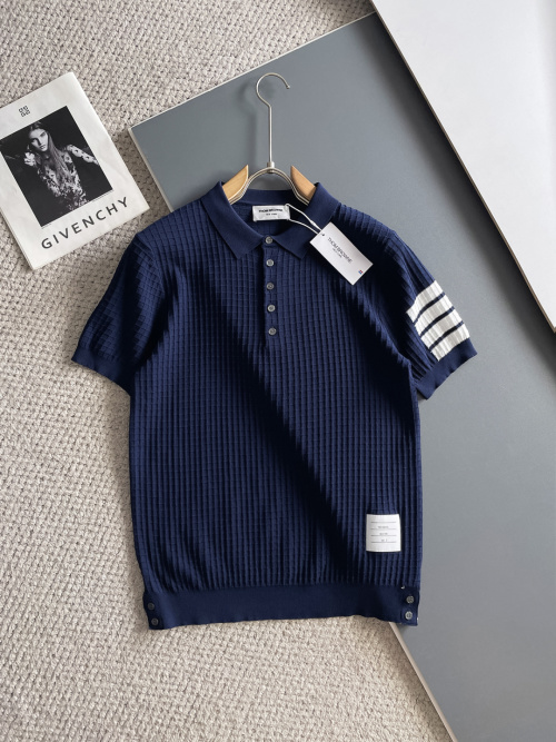 Thom Browne Navy Knit Polo Shirt with Signature Stripe Detail,Men's Casual