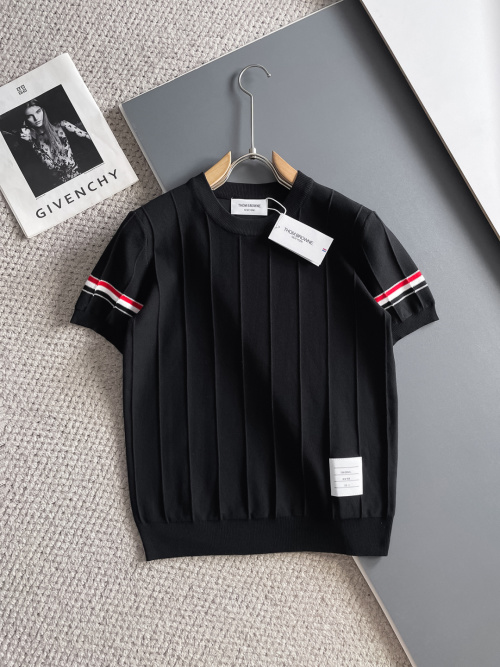 Thom Browne Men's Black Short-Sleeve Knit T-Shirt with Arm Stripes