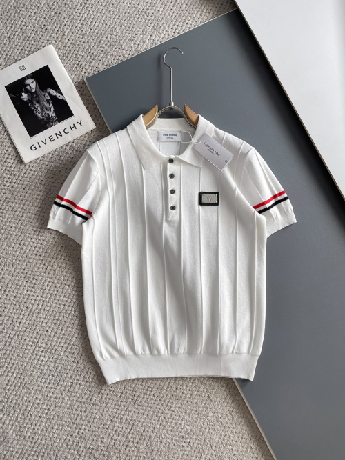 Thom Browne White Knitted Polo Shirt With Signature Stripe Detail 1 Thom Browne White Knitted Polo Shirt With Signature Stripe Detail