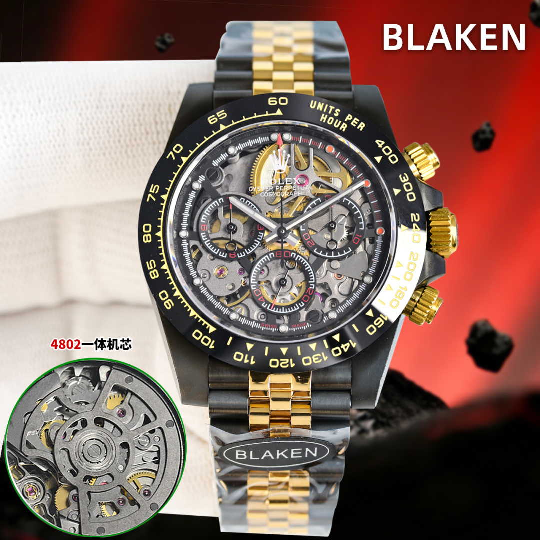 NO:850315,The new Daytona in gold and black between groups is a real hit!  40mm matte black and electric gold are so aesthetically pleasing!  12.2mm ultra-thin body (leaving behind the 13.5mm ordinary models on the market), all solid stainless steel CNC carving + manual polishing, the texture is directly full~ Improved ultra-thin Dandong Skeleton 4802/long endurance movement, timing synchronization counter, Oyster safety buckle to prevent detachment for extra peace of mind. Tape style/belt style/stainless steel strap three straps to choose from, which can be replaced freely later.  Complete set of optional BLAKEN modified storage box + tools + real first-grain cowhide strap (included accessories will not be returned if lost) High-end replica sincere work, watch friends rush~,,cowhide19860909组间金黑全新迪通拿实拍暴击！40mm哑黑间电金太戳审美！ 12.2mm超薄机身（甩开市面13.5mm普通款）,全实心精钢CNC精雕+人工打磨,质感直接拉满～ 改良超薄丹东镂空4802/长续航机芯,计时同步专柜,蚝式保险扣防脱超安心 胶带款/皮带款/精钢带三表带任选,后期可自由更换 全套选配BLAKEN改装收纳箱+工具+真头粒牛皮表带（附带配件丢失不退） 高端复刻诚意之作,表友速冲～,,cowhide,Watch