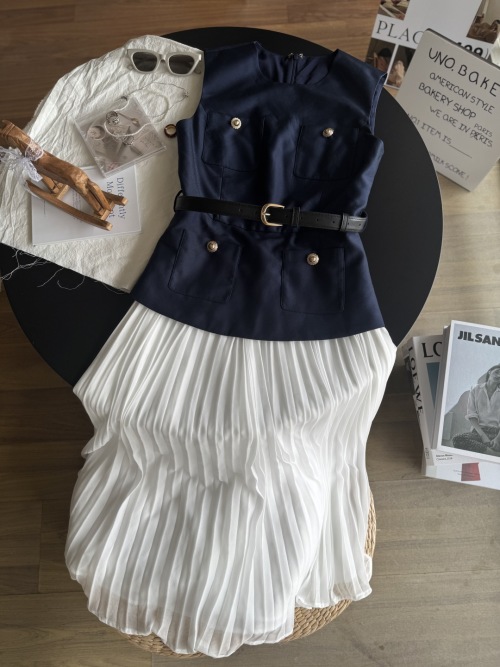 Navy Blue Sleeveless Pleated Dress with Belt - Elegant and Chic 1 Navy Blue Sleeveless Pleated Dress with Belt - Elegant and Chic