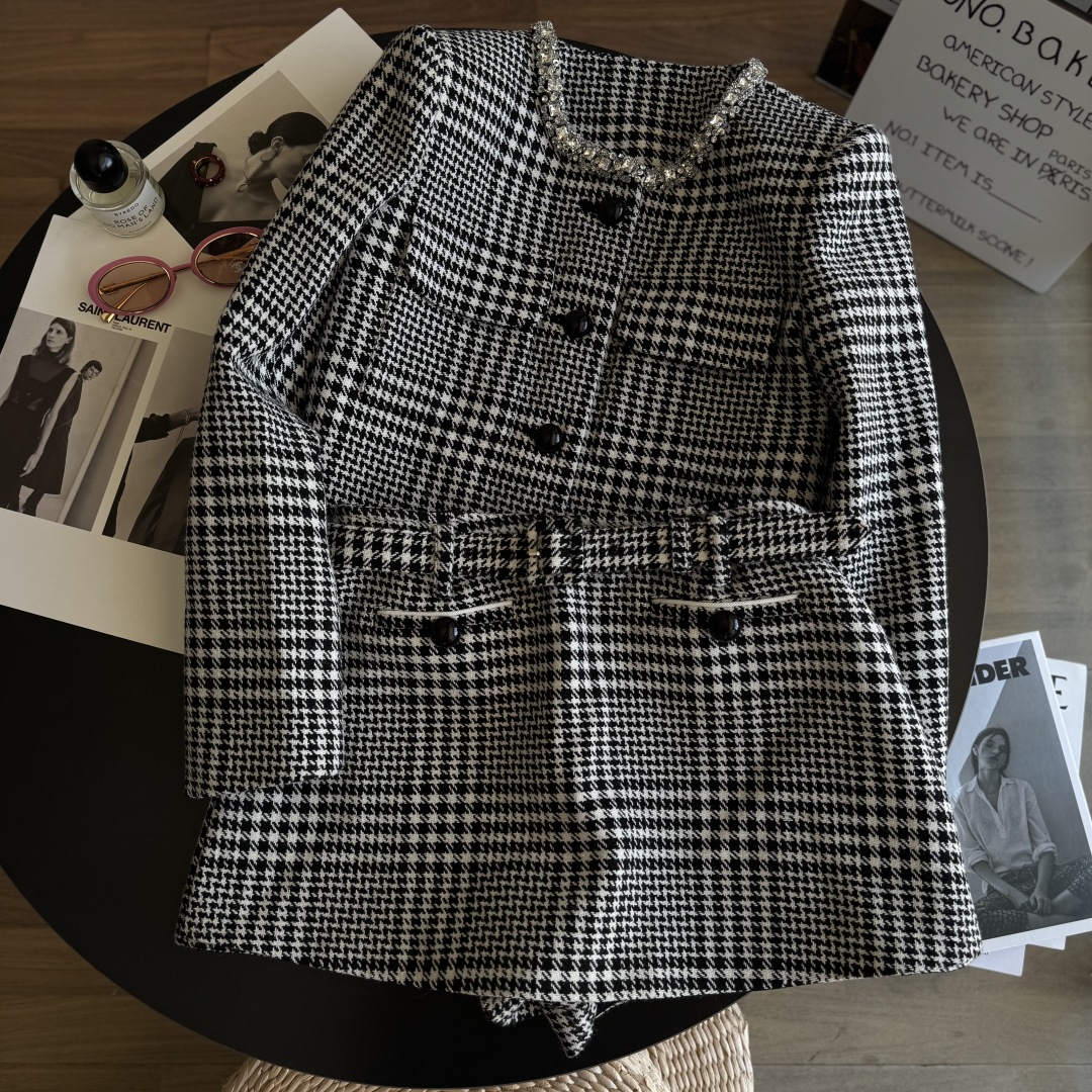 Elegante Houndstooth Tweed Blazer en Rok Set met Riem - Tijdloze Stijl