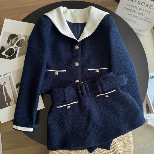 Navy Blue Tweed Suit with Sailor Collar - Autumn Women's Outfit 1 Navy Blue Tweed Suit with Sailor Collar - Autumn Women's Outfit