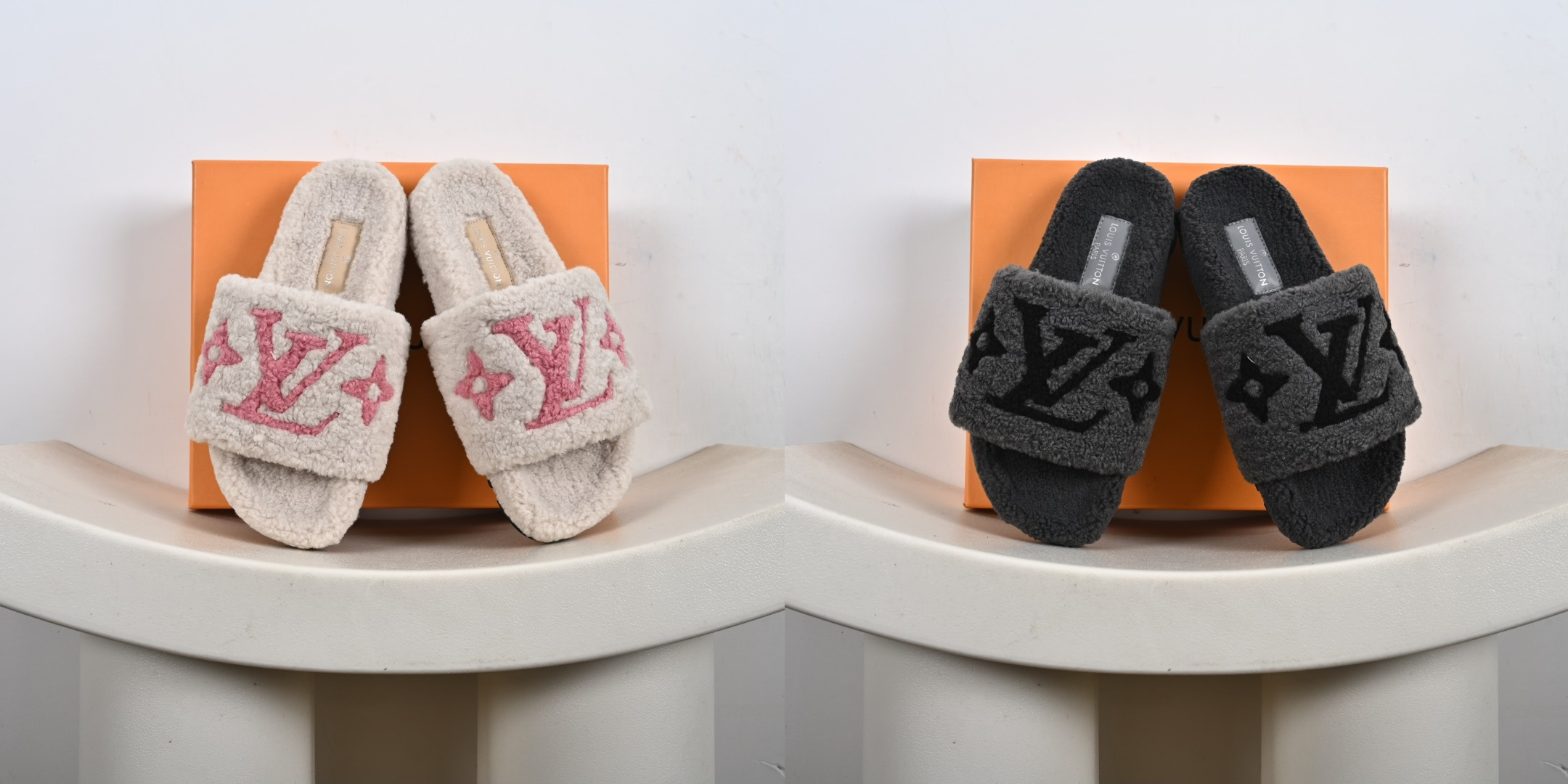 #合集💕 福利 支持放店 ️ ️ ️ LV 新色羊毛拖鞋🆕頂级品质🔝纯皮毛一体羔羊毛打造!米超温暖的感觉,穿上仿佛踩在云朵上♥️经典老花装饰,精致高级!让这双毛拖身价陡增!鞋底是原版开模的防滑橡胶大底,非常好穿不打滑,而且鞋底有一定厚度,舒适度极佳! 1-7