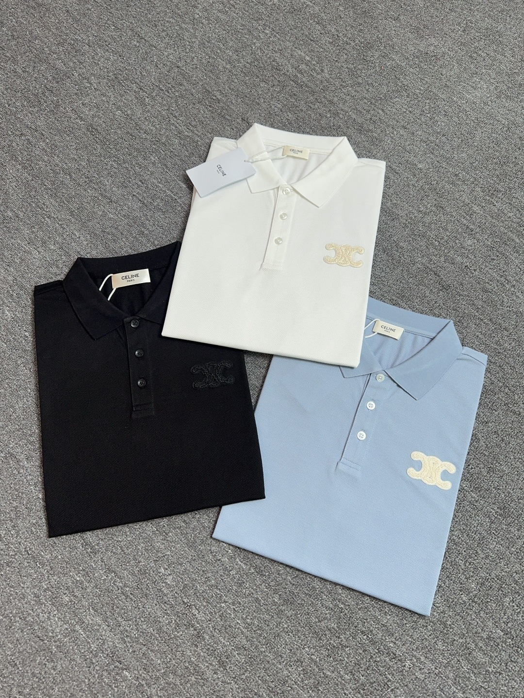 Celine Men's Polo Shirt - 3D Embroidered Logo, Casual Summer Style, Breathable Cotton