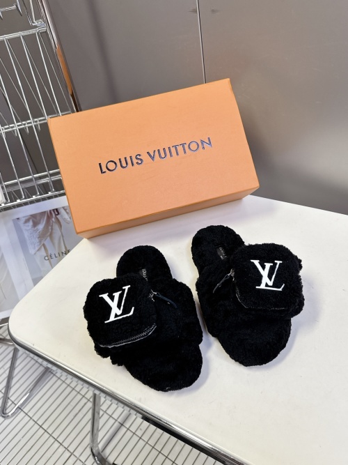 Louis Vuitton Furry Slippers with Mini Pouch - Cozy and Stylish 1 Louis Vuitton Furry Slippers with Mini Pouch - Cozy and Stylish