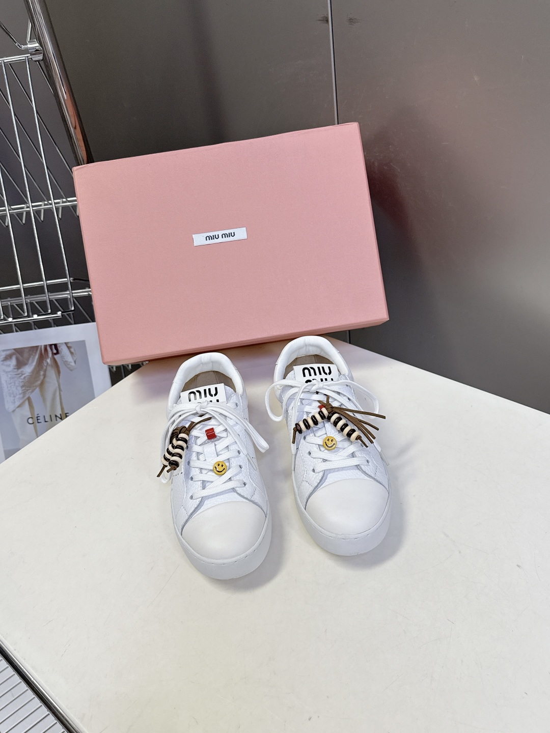 Miu Miu Women's White Leather Sneakers with Smiley Charm Accents, Size 35-40