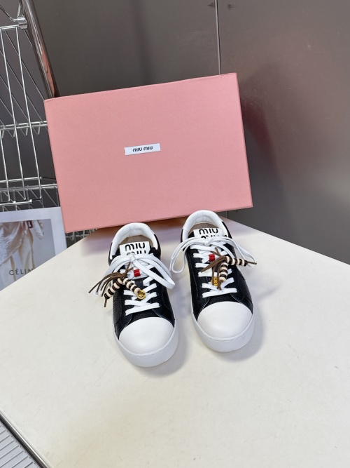 Miu Miu Women's Fashionable Leather Sneakers with Double Shoelaces 1 Miu Miu Women's Fashionable Leather Sneakers with Double Shoelaces